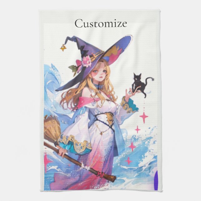 Cute Witch Holding Black Cat Thunder_Cove  Tea Towel (Vertical)