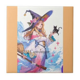 Cute Witch Holding Black Cat Thunder_Cove  Tile