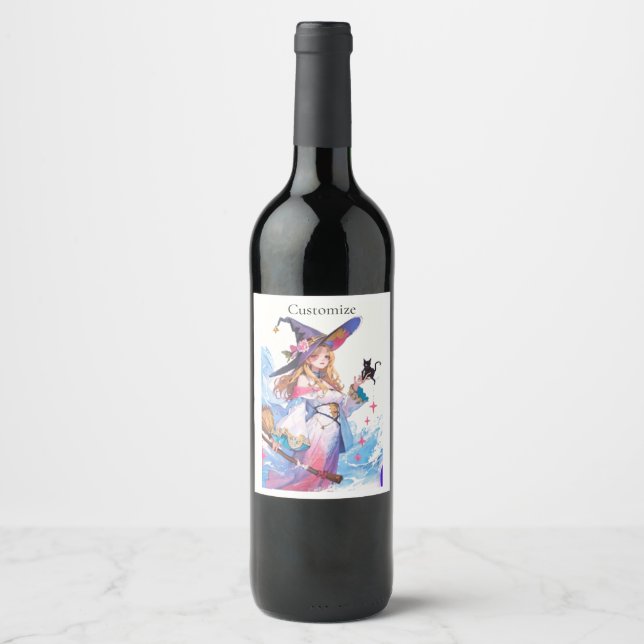 Cute Witch Holding Black Cat Thunder_Cove  Wine Label (Front)