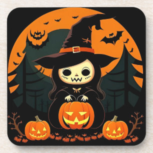 Cute Witch Holding Pumpkin in Spooky Halloween Coaster