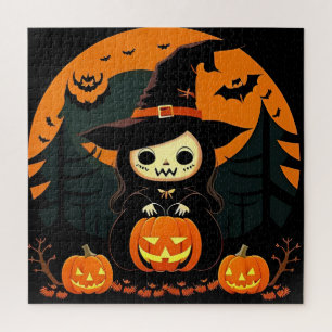 Cute Witch Holding Pumpkin in Spooky Halloween Jigsaw Puzzle