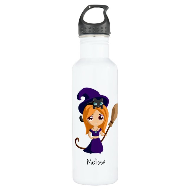 Cute Witch in Purple Hat Halloween 710 Ml Water Bottle (Front)