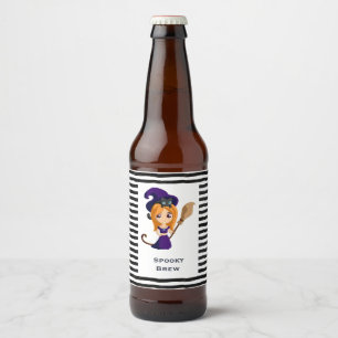 Cute Witch in Purple Hat Halloween Beer Bottle Label