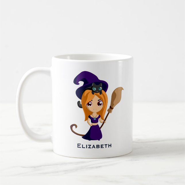 Cute Witch in Purple Hat Halloween Coffee Mug (Left)