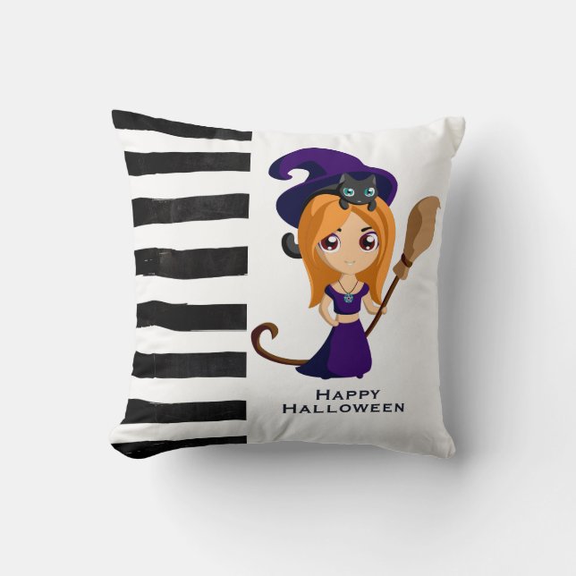 Cute Witch in Purple Hat Halloween Cushion (Front)