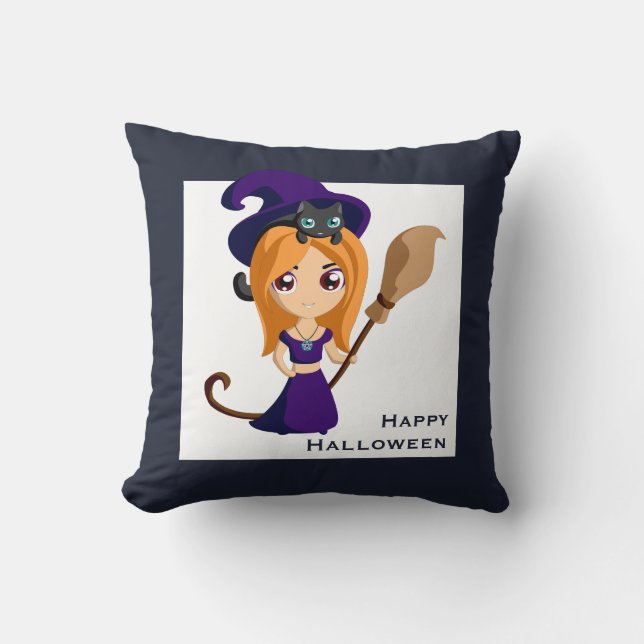 Cute Witch in Purple Hat Halloween Cushion (Front)
