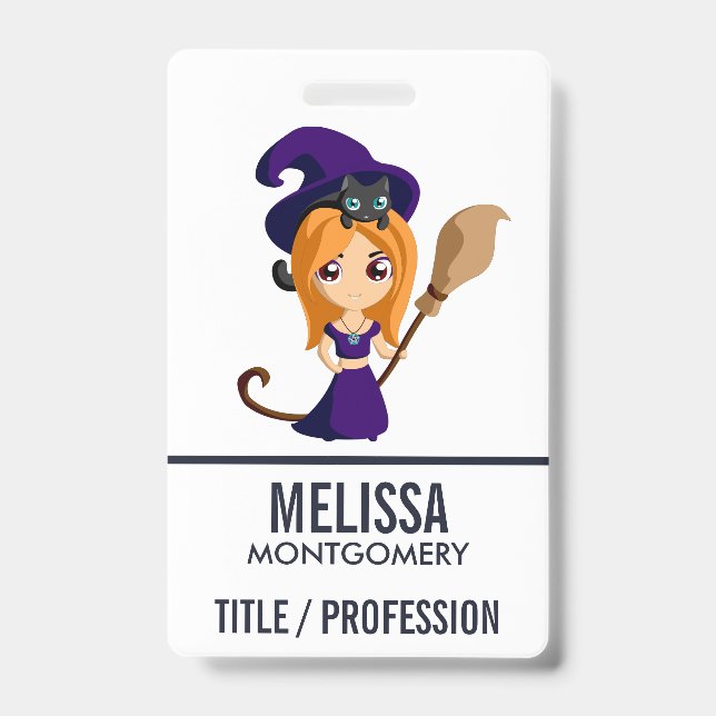 Cute Witch in Purple Hat Halloween ID Badge (Front)