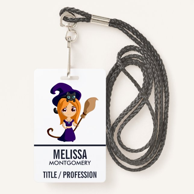 Cute Witch in Purple Hat Halloween ID Badge (Front with Lanyard)