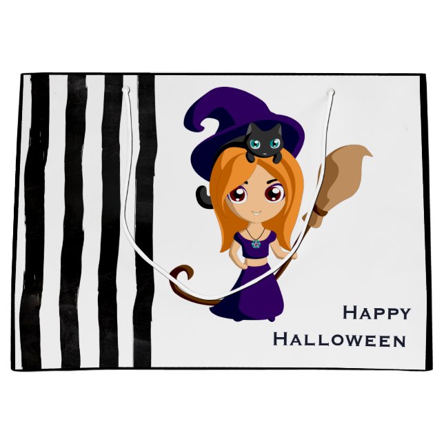Cute Witch in Purple Hat Halloween Large Gift Bag (Front)