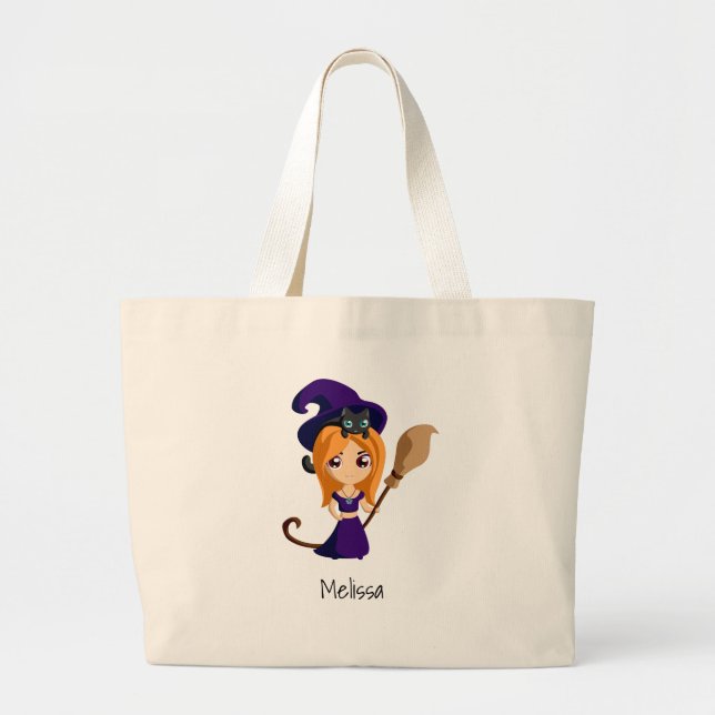 Cute Witch in Purple Hat Halloween Large Tote Bag (Front)