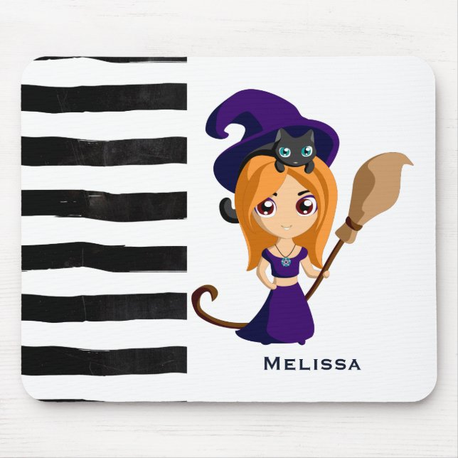 Cute Witch in Purple Hat Halloween Mouse Mat (Front)