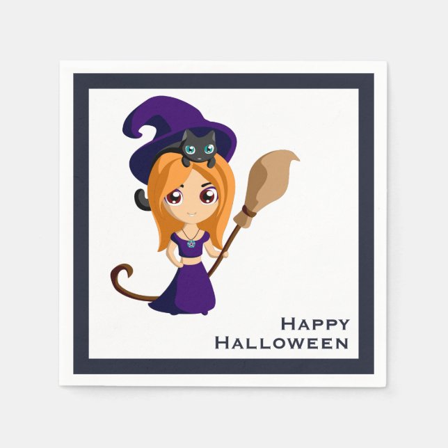 Cute Witch in Purple Hat Halloween Napkin (Front)