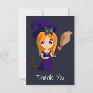 Cute Witch in Purple Hat Halloween Party Thank You Card
