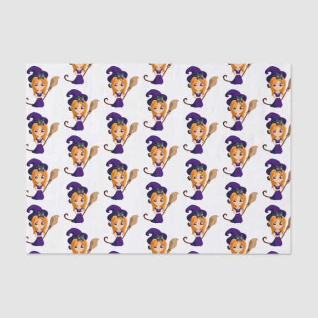 Cute Witch in Purple Hat Halloween Pattern Tissue Paper (Front)