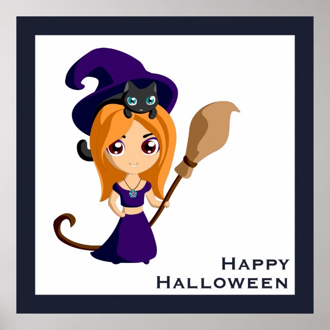Cute Witch in Purple Hat Halloween Poster (Front)