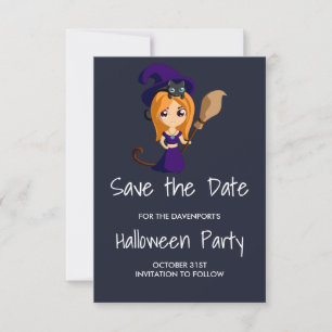 Cute Witch in Purple Hat Halloween Save the Date