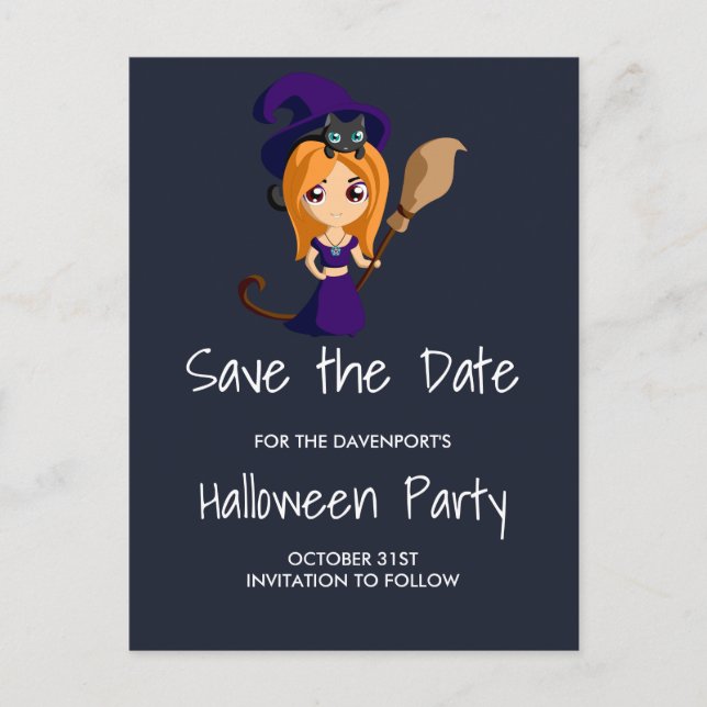 Cute Witch in Purple Hat Halloween Save the Date Announcement Postcard (Front)