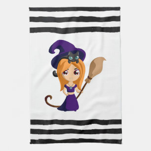 Cute Witch in Purple Hat Halloween Tea Towel
