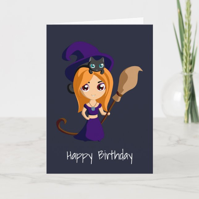 Cute Witch in Purple Hat Happy Birthday Card (Front)