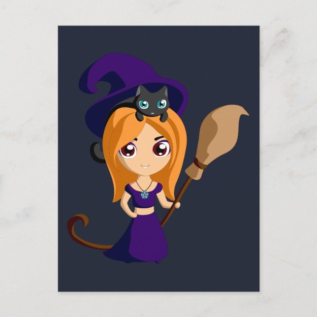 Cute Witch in Purple Hat & her Cat Halloween Postcard (Front)