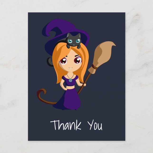 Cute Witch in Purple Hat Party Thank You Postcard (Front)