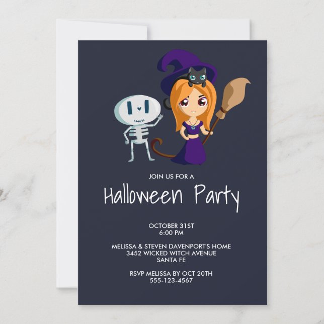 Cute Witch in Purple with Black Cat & Broom Invitation (Front)