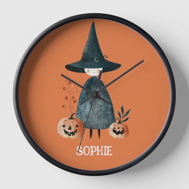 Cute Witch& Jack-o-Lanterns Burnt Orange Nursery Clock (Front)