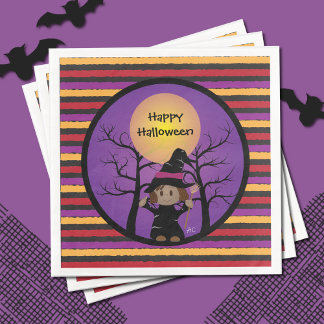 Cute Witch Kids Halloween Party Paper Napkins
