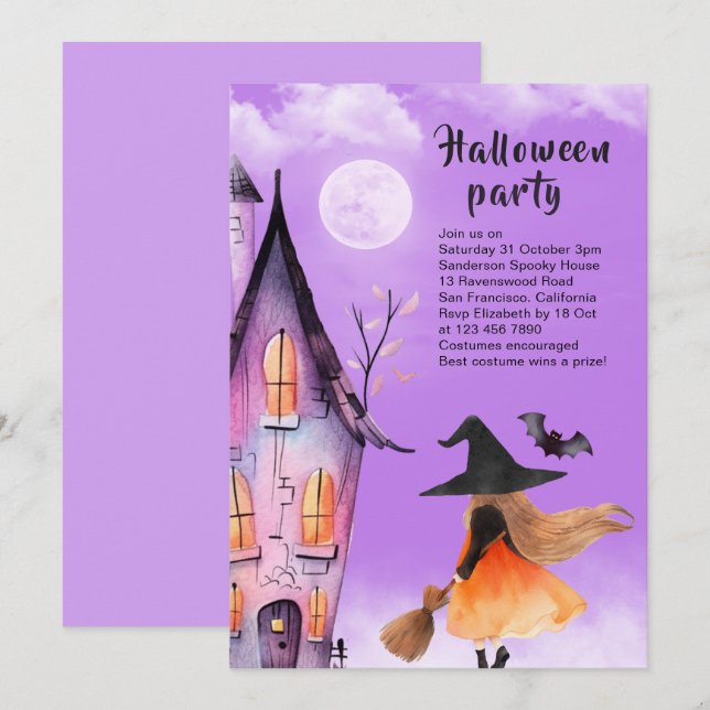 Cute Witch Kids Halloween Party Purple Invitation (Front/Back)