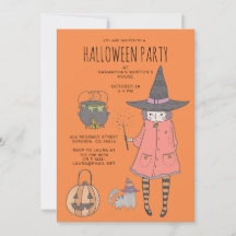 Cute Witch Kid's Orange Halloween Party Invitation