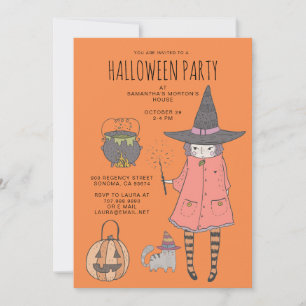 Cute Witch Kid's Orange Halloween Party Invitation