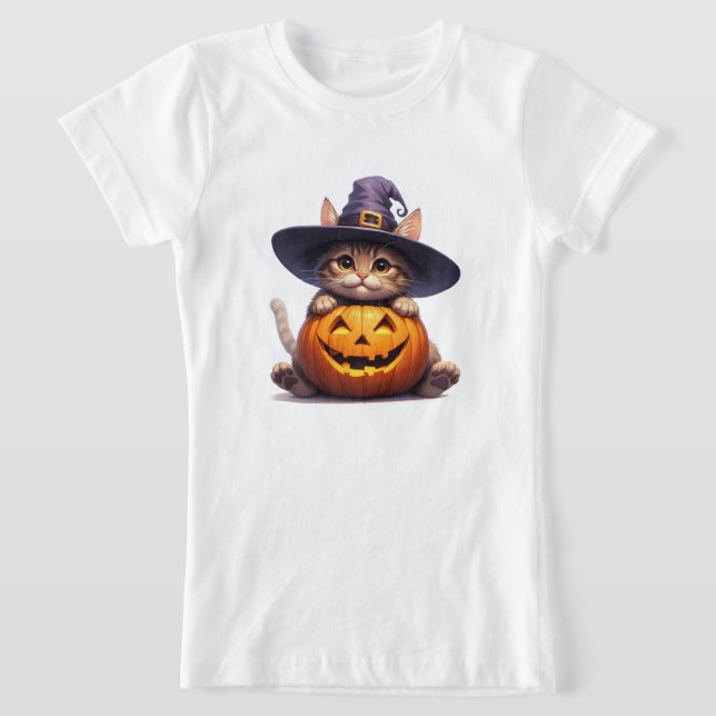 Cute Witch Kitten Holding Jack O Lantern 🎃 T-Shirt (Laydown)