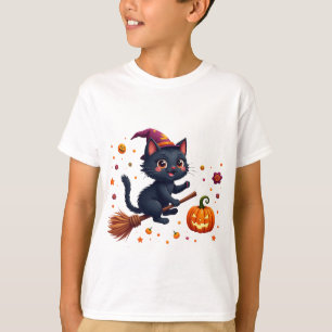 Cute Witch Kitten Riding Broom Halloween   T-Shirt