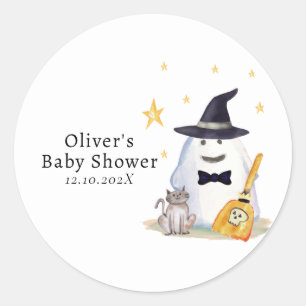 Cute Witch Little Boo Ghost Boy Baby Shower Classic Round Sticker