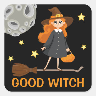 Cute Witch on Broom Cartoon Funny School Halloween Square Sticker