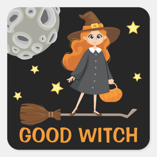 Cute Witch on Broom Cartoon Funny School Halloween Square Sticker (Front)