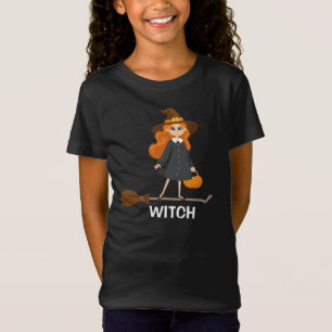 Cute Witch on Broom Cartoon Funny School Halloween T-Shirt