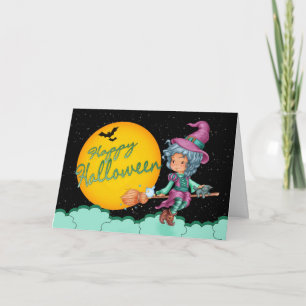cute witch on broom halloween greeting card