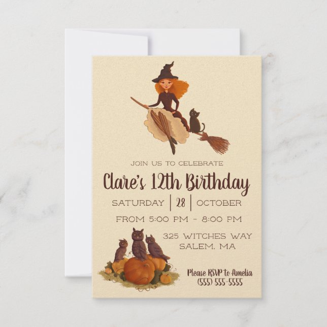Cute Witch on Broomstick Birthday Party Invitation (Front)