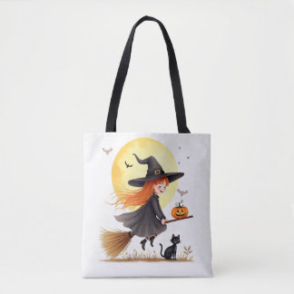 Cute Witch On Broomstick Tote Bag