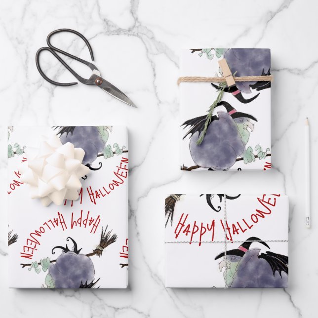 Cute Witch on her broomstick Halloween 3xWPS Wrapping Paper Sheet (Front)