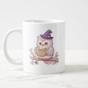 Cute Witch Owl Reading Spell Book Halloween Illust Large Coffee Mug