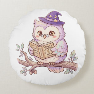 Cute Witch Owl Reading Spell Book Halloween Illust Round Cushion