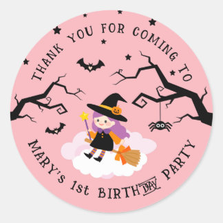 Cute Witch Pink Halloween Birthday Party Thank You Classic Round Sticker