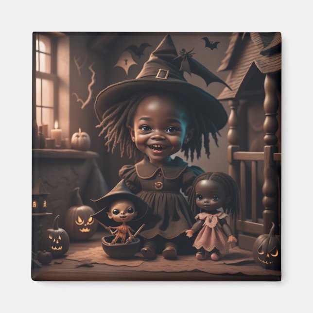 Cute Witch Playing With her Dolls Magnet (Front)