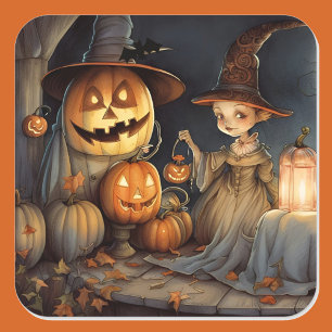 Cute Witch Pumpkin Halloween Bat Square Sticker