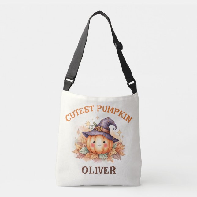 Cute Witch Pumpkin with Fall Leaves Crossbody Bag (Front)