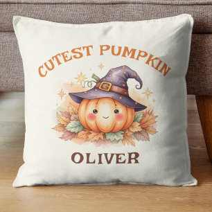 Cute Witch Pumpkin with Fall Leaves Cushion