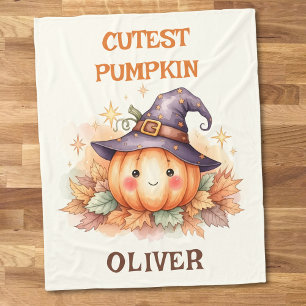 Cute Witch Pumpkin with Fall Leaves Fleece Blanket