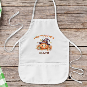 Cute Witch Pumpkin with Fall Leaves Kids Apron
